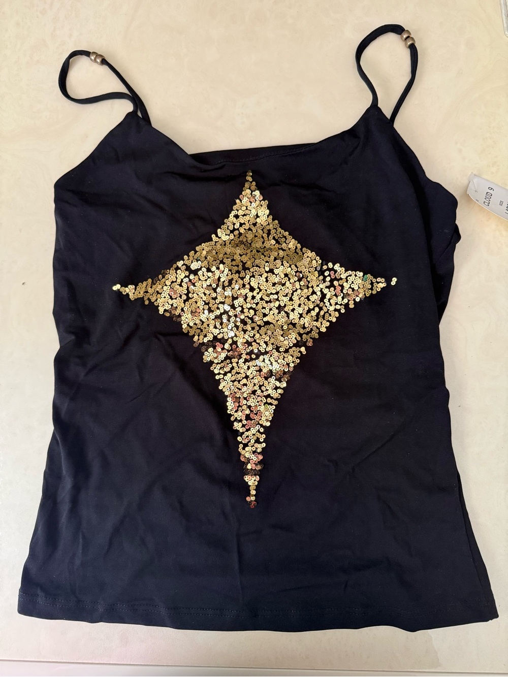 Gold Sequin Star Front black tank top